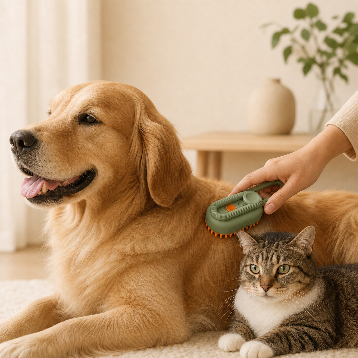 Cepillo 3en1 para Perros y Gatos — Masaje, Niebla y Recoge Pelo en color Green Mango, uso junto a un perro y un gato